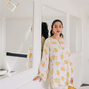 Floral White and Yellow Mini Dress with Trouser 
Pakistani Indian outfit